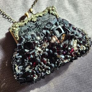 Mary Frances Black and Burgundy Beaded Clutch